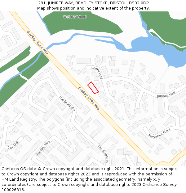 281, JUNIPER WAY, BRADLEY STOKE, BRISTOL, BS32 0DP: Location map and indicative extent of plot