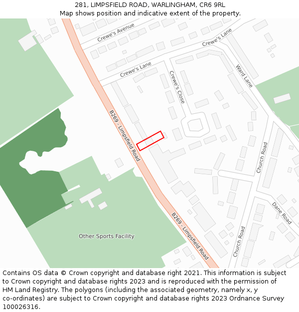 281, LIMPSFIELD ROAD, WARLINGHAM, CR6 9RL: Location map and indicative extent of plot