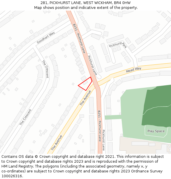 281, PICKHURST LANE, WEST WICKHAM, BR4 0HW: Location map and indicative extent of plot