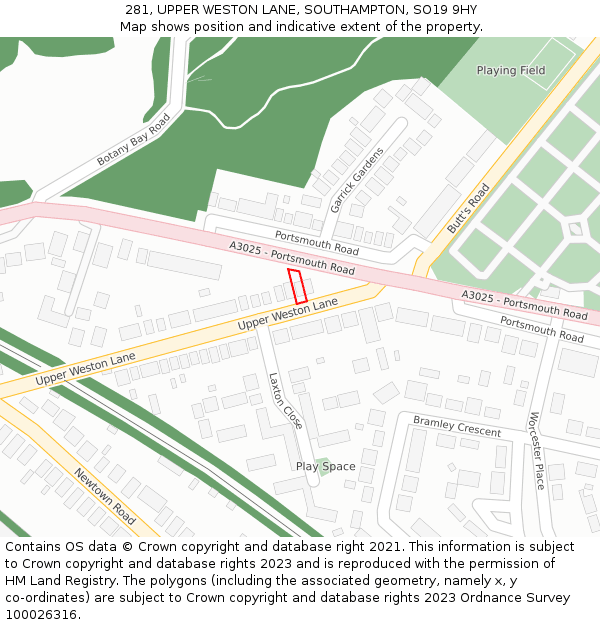 281, UPPER WESTON LANE, SOUTHAMPTON, SO19 9HY: Location map and indicative extent of plot