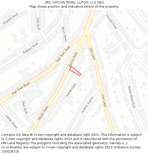282, HITCHIN ROAD, LUTON, LU2 0EU: Location map and indicative extent of plot