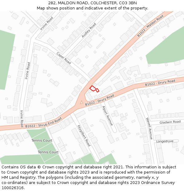 282, MALDON ROAD, COLCHESTER, CO3 3BN: Location map and indicative extent of plot