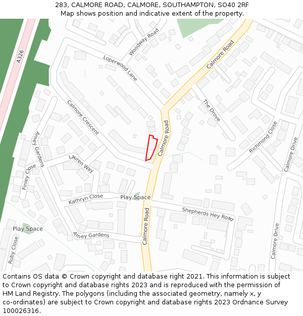 283, CALMORE ROAD, CALMORE, SOUTHAMPTON, SO40 2RF: Location map and indicative extent of plot