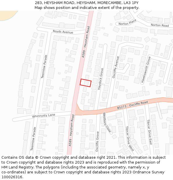 283, HEYSHAM ROAD, HEYSHAM, MORECAMBE, LA3 1PY: Location map and indicative extent of plot