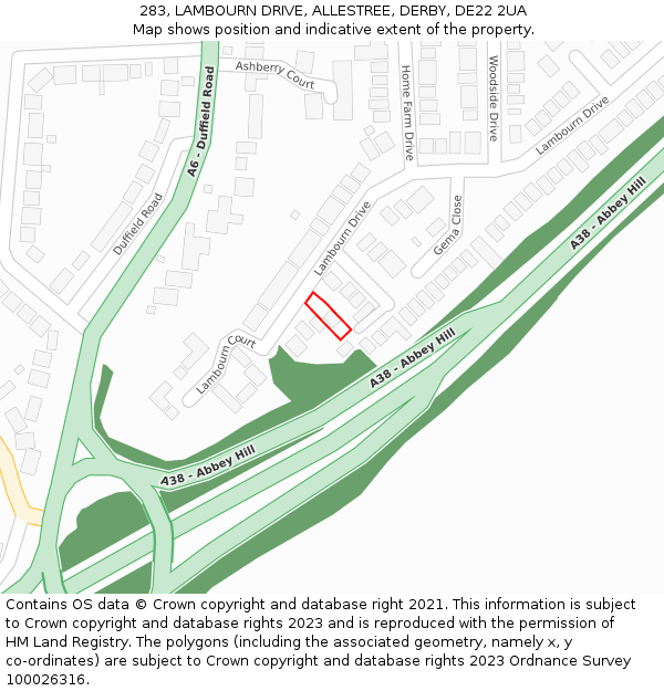 283, LAMBOURN DRIVE, ALLESTREE, DERBY, DE22 2UA: Location map and indicative extent of plot