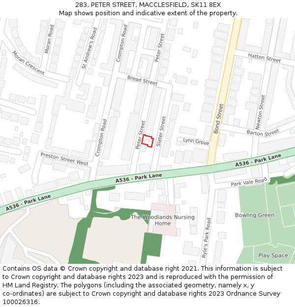 283, PETER STREET, MACCLESFIELD, SK11 8EX: Location map and indicative extent of plot