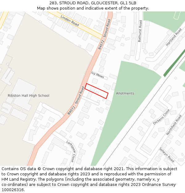 283, STROUD ROAD, GLOUCESTER, GL1 5LB: Location map and indicative extent of plot