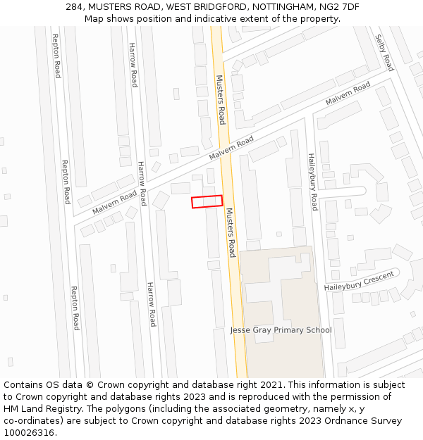 284, MUSTERS ROAD, WEST BRIDGFORD, NOTTINGHAM, NG2 7DF: Location map and indicative extent of plot