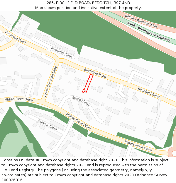 285, BIRCHFIELD ROAD, REDDITCH, B97 4NB: Location map and indicative extent of plot