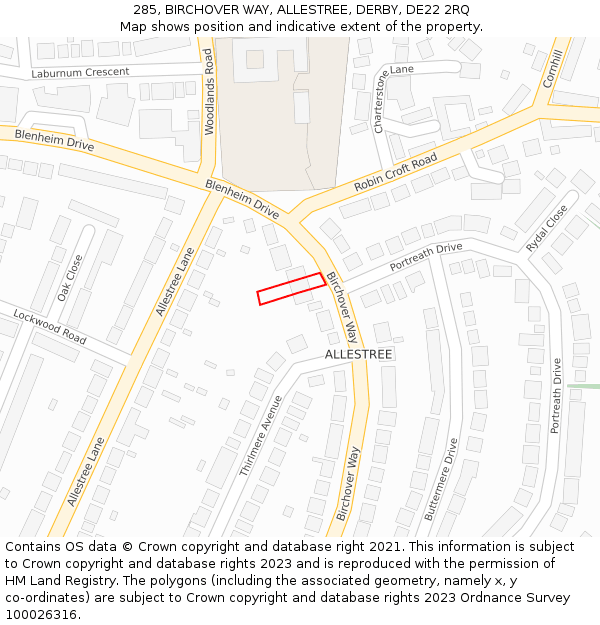 285, BIRCHOVER WAY, ALLESTREE, DERBY, DE22 2RQ: Location map and indicative extent of plot
