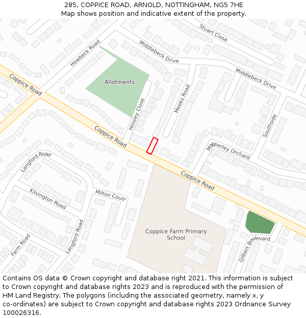 285, COPPICE ROAD, ARNOLD, NOTTINGHAM, NG5 7HE: Location map and indicative extent of plot