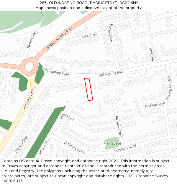 285, OLD WORTING ROAD, BASINGSTOKE, RG22 6NY: Location map and indicative extent of plot