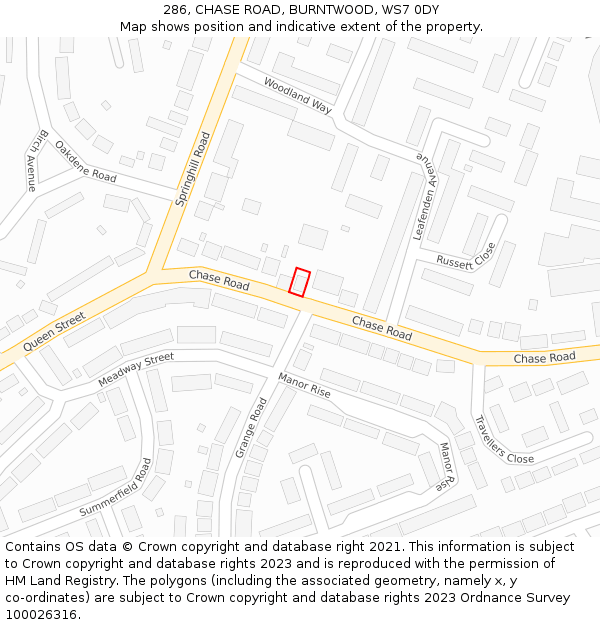 286, CHASE ROAD, BURNTWOOD, WS7 0DY: Location map and indicative extent of plot