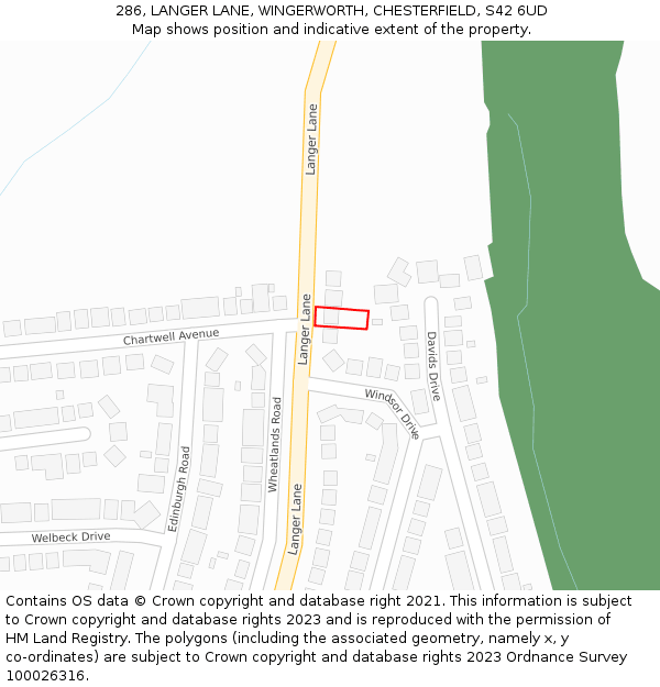 286, LANGER LANE, WINGERWORTH, CHESTERFIELD, S42 6UD: Location map and indicative extent of plot