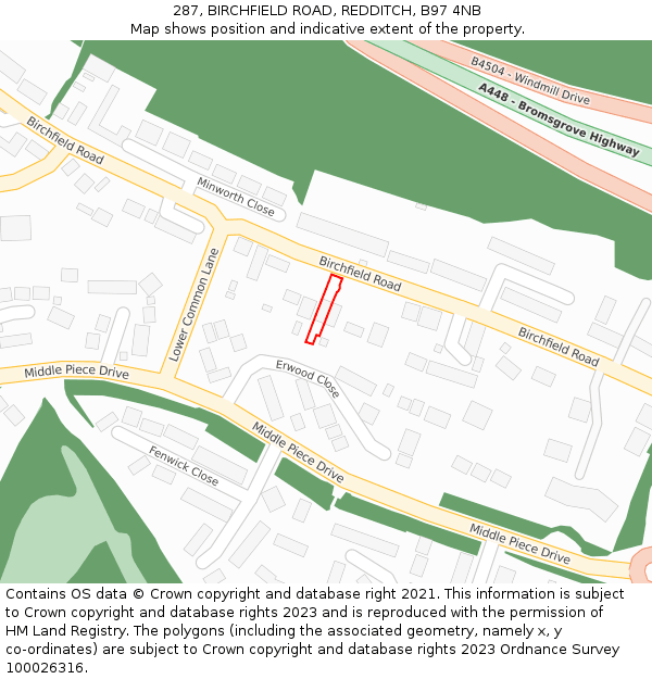 287, BIRCHFIELD ROAD, REDDITCH, B97 4NB: Location map and indicative extent of plot