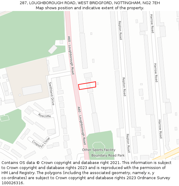 287, LOUGHBOROUGH ROAD, WEST BRIDGFORD, NOTTINGHAM, NG2 7EH: Location map and indicative extent of plot