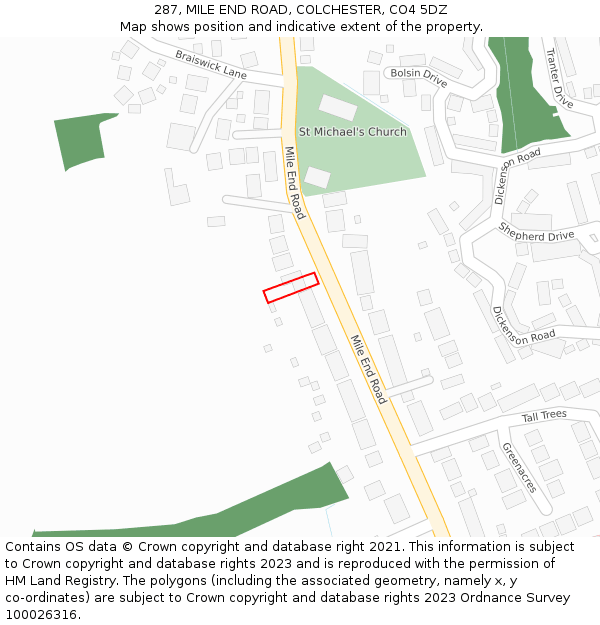 287, MILE END ROAD, COLCHESTER, CO4 5DZ: Location map and indicative extent of plot