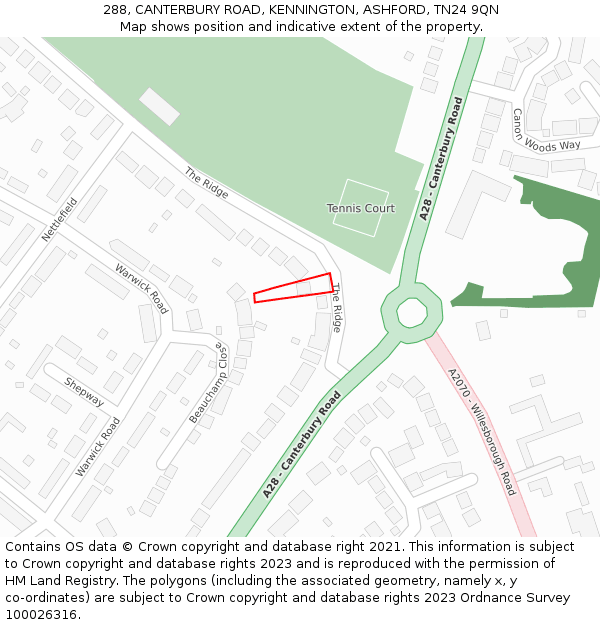 288, CANTERBURY ROAD, KENNINGTON, ASHFORD, TN24 9QN: Location map and indicative extent of plot