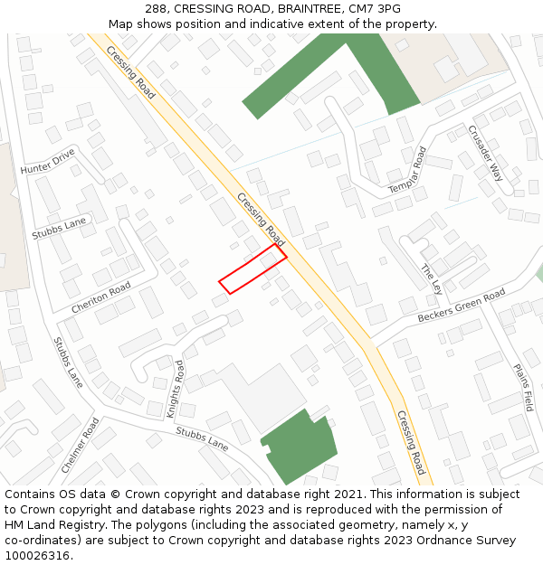 288, CRESSING ROAD, BRAINTREE, CM7 3PG: Location map and indicative extent of plot