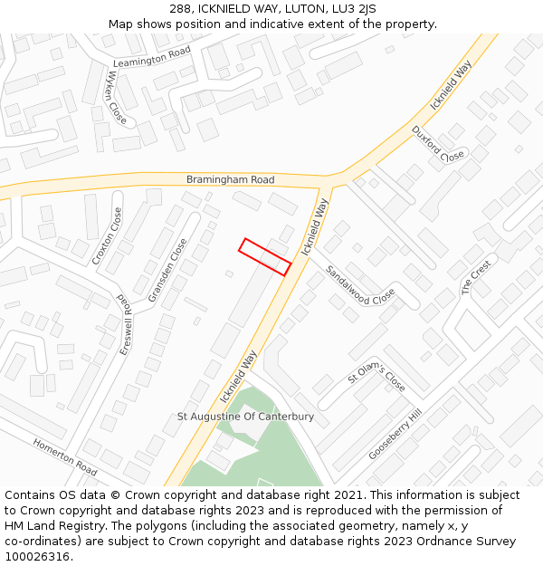 288, ICKNIELD WAY, LUTON, LU3 2JS: Location map and indicative extent of plot