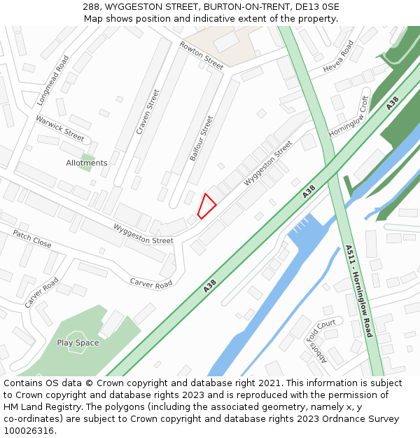 288, WYGGESTON STREET, BURTON-ON-TRENT, DE13 0SE: Location map and indicative extent of plot