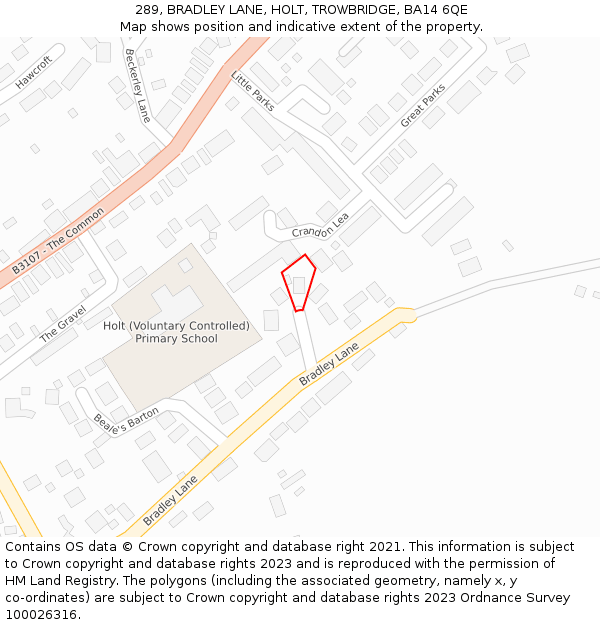 289, BRADLEY LANE, HOLT, TROWBRIDGE, BA14 6QE: Location map and indicative extent of plot