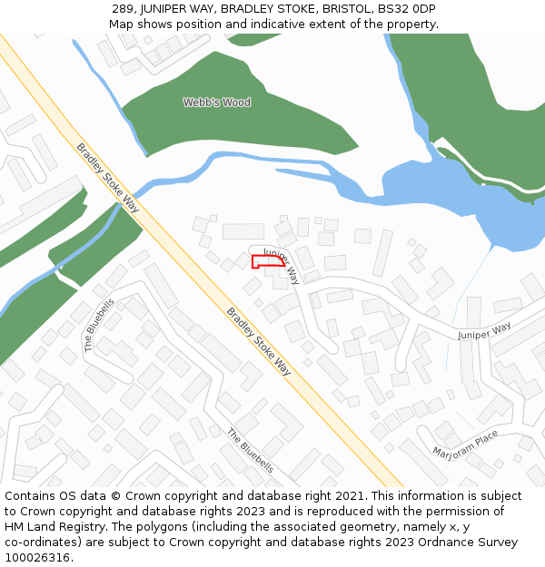 289, JUNIPER WAY, BRADLEY STOKE, BRISTOL, BS32 0DP: Location map and indicative extent of plot