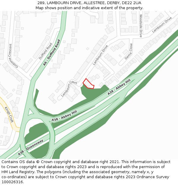 289, LAMBOURN DRIVE, ALLESTREE, DERBY, DE22 2UA: Location map and indicative extent of plot