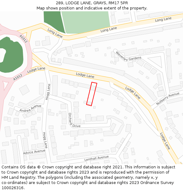289, LODGE LANE, GRAYS, RM17 5PR: Location map and indicative extent of plot