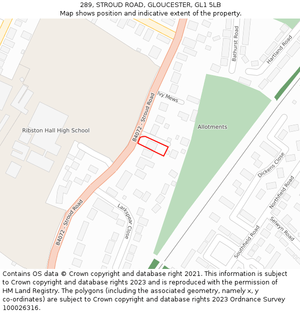 289, STROUD ROAD, GLOUCESTER, GL1 5LB: Location map and indicative extent of plot