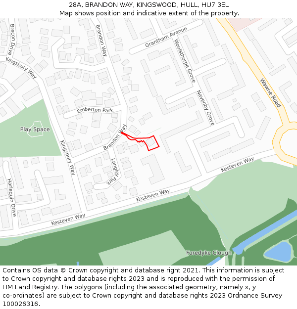 28A, BRANDON WAY, KINGSWOOD, HULL, HU7 3EL: Location map and indicative extent of plot