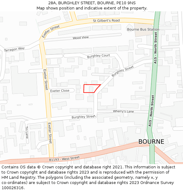 28A, BURGHLEY STREET, BOURNE, PE10 9NS: Location map and indicative extent of plot