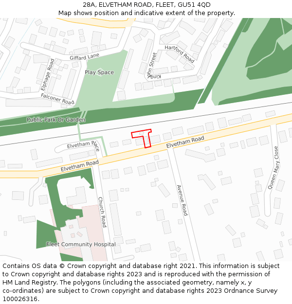 28A, ELVETHAM ROAD, FLEET, GU51 4QD: Location map and indicative extent of plot