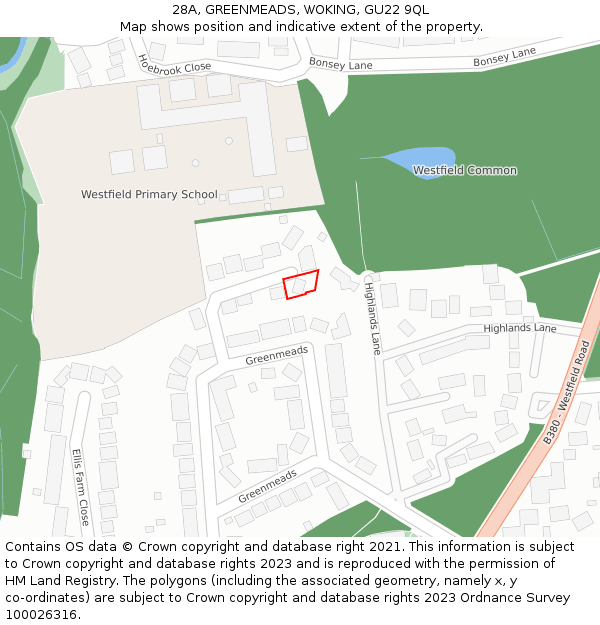 28A, GREENMEADS, WOKING, GU22 9QL: Location map and indicative extent of plot