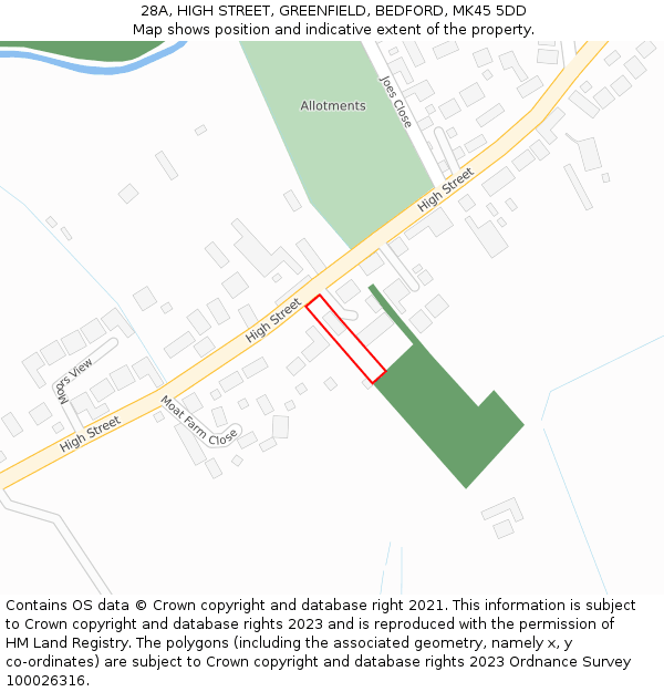 28A, HIGH STREET, GREENFIELD, BEDFORD, MK45 5DD: Location map and indicative extent of plot