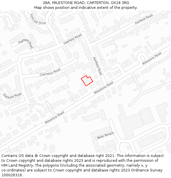 28A, MILESTONE ROAD, CARTERTON, OX18 3RG: Location map and indicative extent of plot
