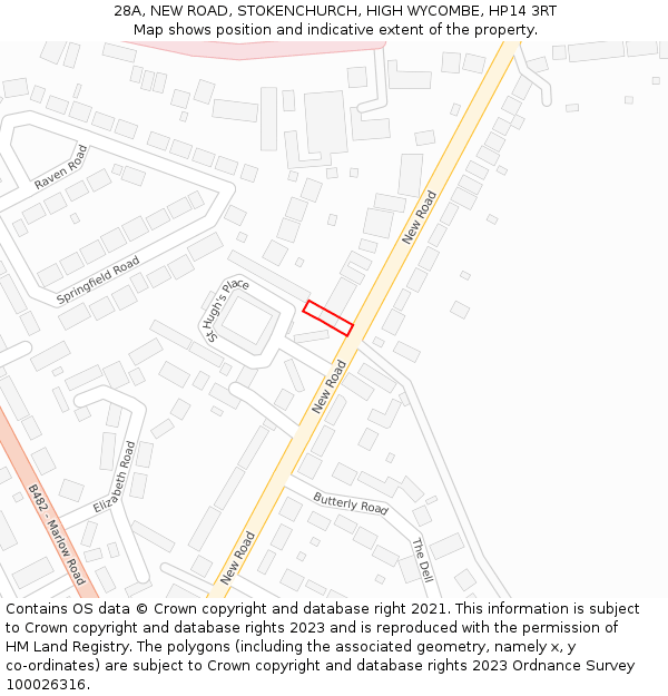 28A, NEW ROAD, STOKENCHURCH, HIGH WYCOMBE, HP14 3RT: Location map and indicative extent of plot