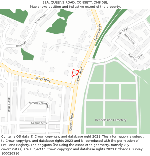 28A, QUEENS ROAD, CONSETT, DH8 0BL: Location map and indicative extent of plot