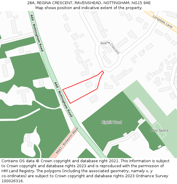 28A, REGINA CRESCENT, RAVENSHEAD, NOTTINGHAM, NG15 9AE: Location map and indicative extent of plot