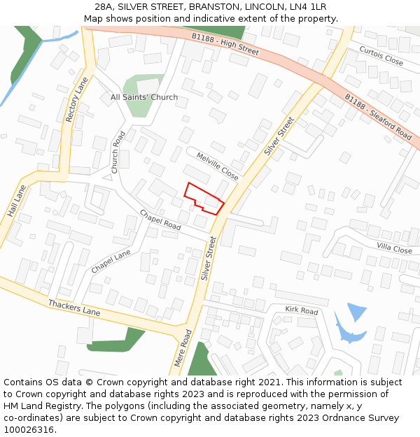 28A, SILVER STREET, BRANSTON, LINCOLN, LN4 1LR: Location map and indicative extent of plot