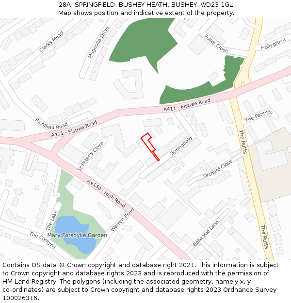 28A, SPRINGFIELD, BUSHEY HEATH, BUSHEY, WD23 1GL: Location map and indicative extent of plot