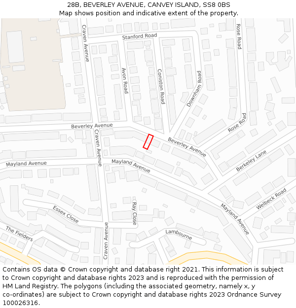 28B, BEVERLEY AVENUE, CANVEY ISLAND, SS8 0BS: Location map and indicative extent of plot