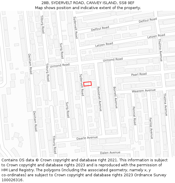 28B, SYDERVELT ROAD, CANVEY ISLAND, SS8 9EF: Location map and indicative extent of plot