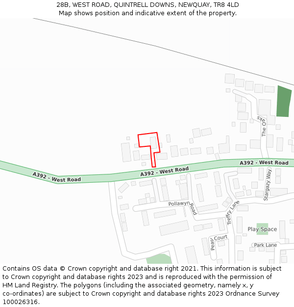 28B, WEST ROAD, QUINTRELL DOWNS, NEWQUAY, TR8 4LD: Location map and indicative extent of plot
