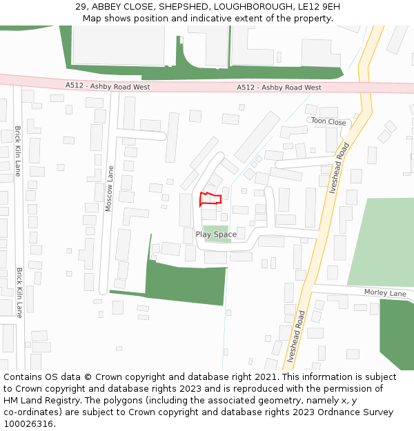 29, ABBEY CLOSE, SHEPSHED, LOUGHBOROUGH, LE12 9EH: Location map and indicative extent of plot