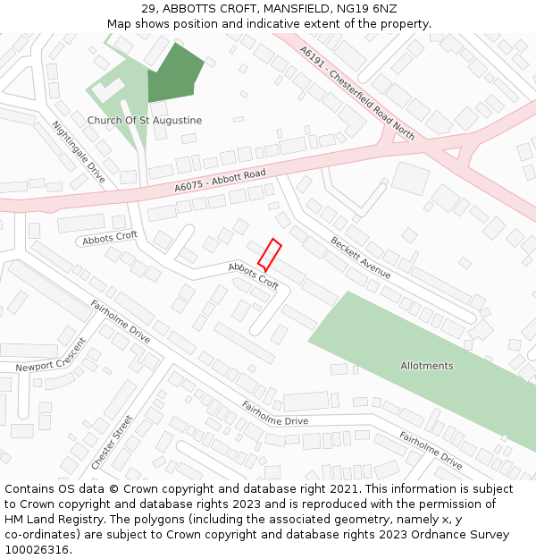 29, ABBOTTS CROFT, MANSFIELD, NG19 6NZ: Location map and indicative extent of plot