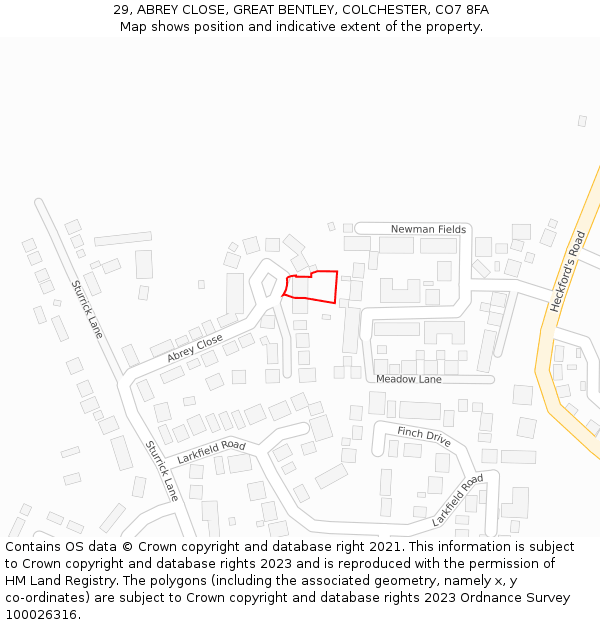 29, ABREY CLOSE, GREAT BENTLEY, COLCHESTER, CO7 8FA: Location map and indicative extent of plot