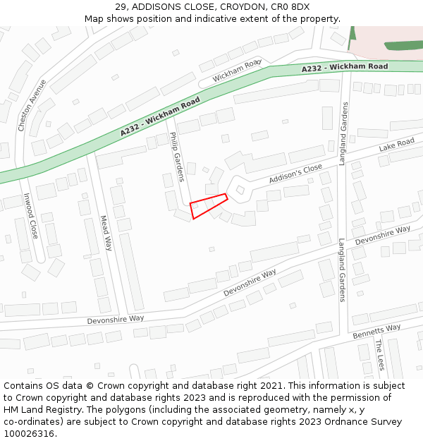 29, ADDISONS CLOSE, CROYDON, CR0 8DX: Location map and indicative extent of plot