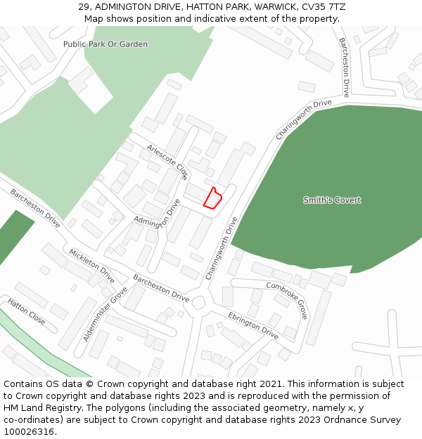 29, ADMINGTON DRIVE, HATTON PARK, WARWICK, CV35 7TZ: Location map and indicative extent of plot