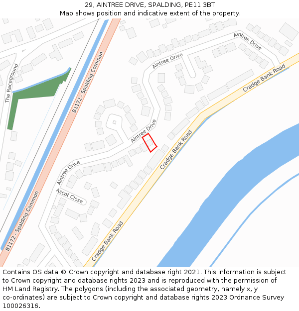 29, AINTREE DRIVE, SPALDING, PE11 3BT: Location map and indicative extent of plot